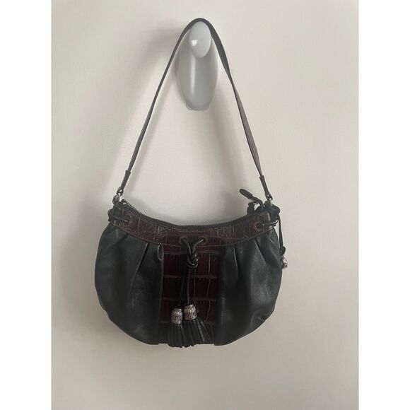 Brighton Handbags - Brighton Black Leather Hobo Bag with Brown Croc‎ Trim & Silver Hardware